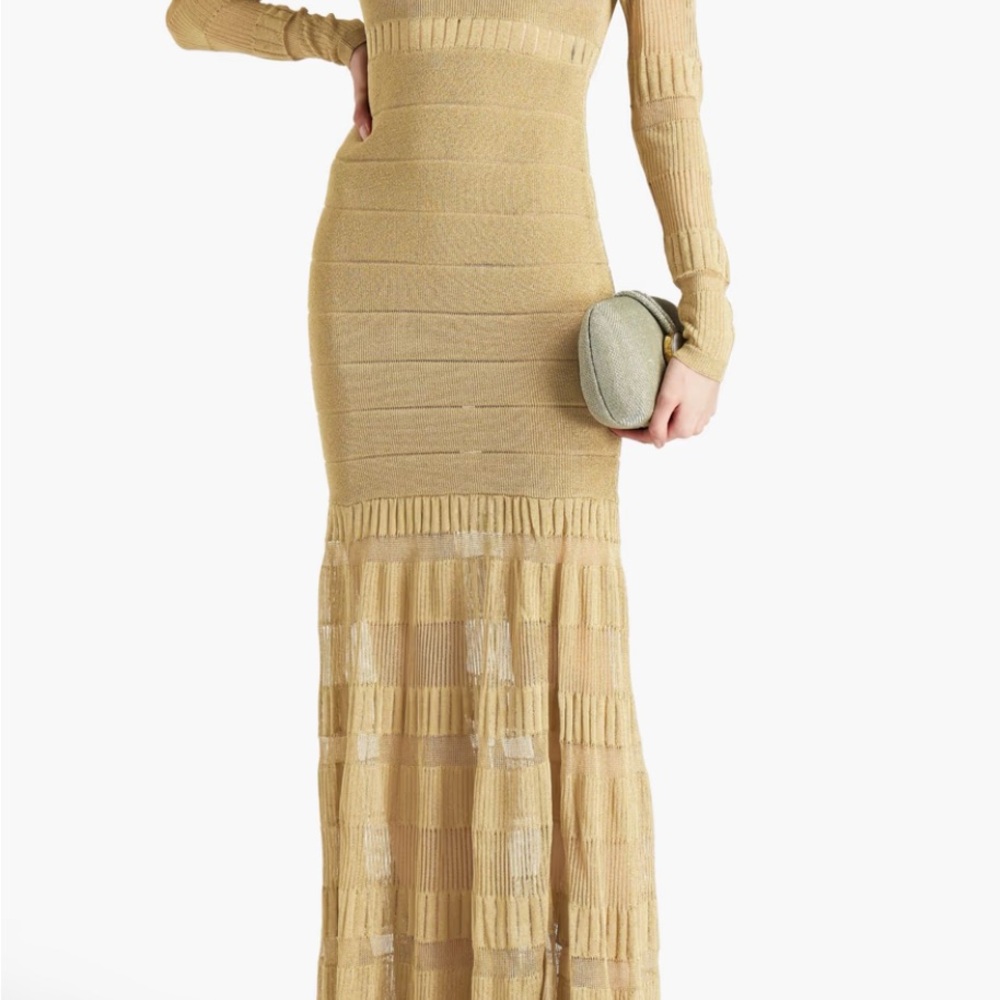 Herve Leger BNWT size xs metallic gold gown high neck concealed zipper - Picture 5 of 13